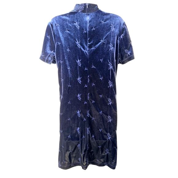 Vintage 90s CDC Caren Desiree Company Blue Velvet Mock Neck Short Sleeve Dress - Picture 2 of 4